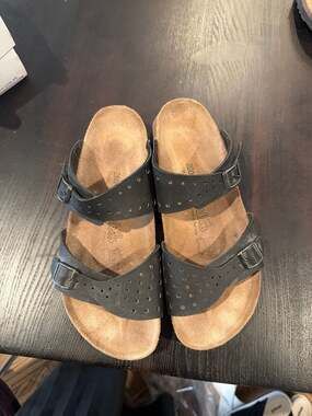 Birki's Freeport Black Perforated Leather Double Strap Sandals size 40 9